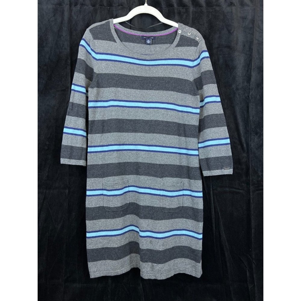 RARE Tommy Hilfiger Womens Striped Sweater Dress Gray Blue w Snap Pockets Size M